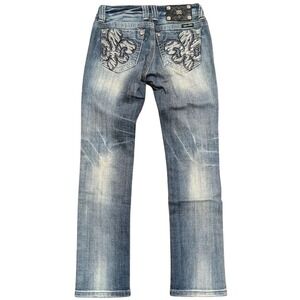 MISS ME Straight Jeans Womens 25 BLING Rhinestones Crystals Fleur De Lis Pockets